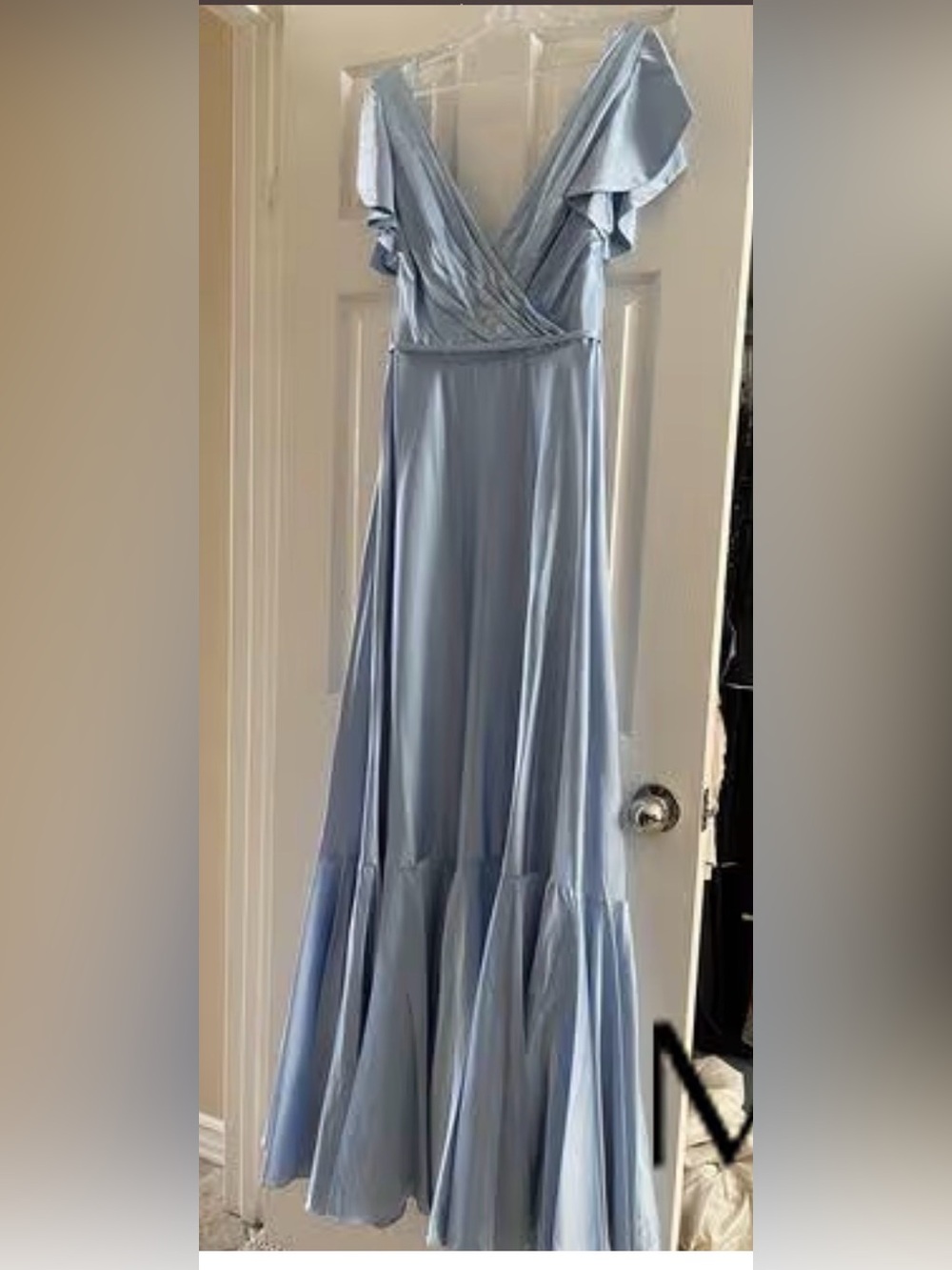 Mac Duggal Powder Blue V-Neck Flutter Sleeve Maxi Gown - Picture 4 of 8